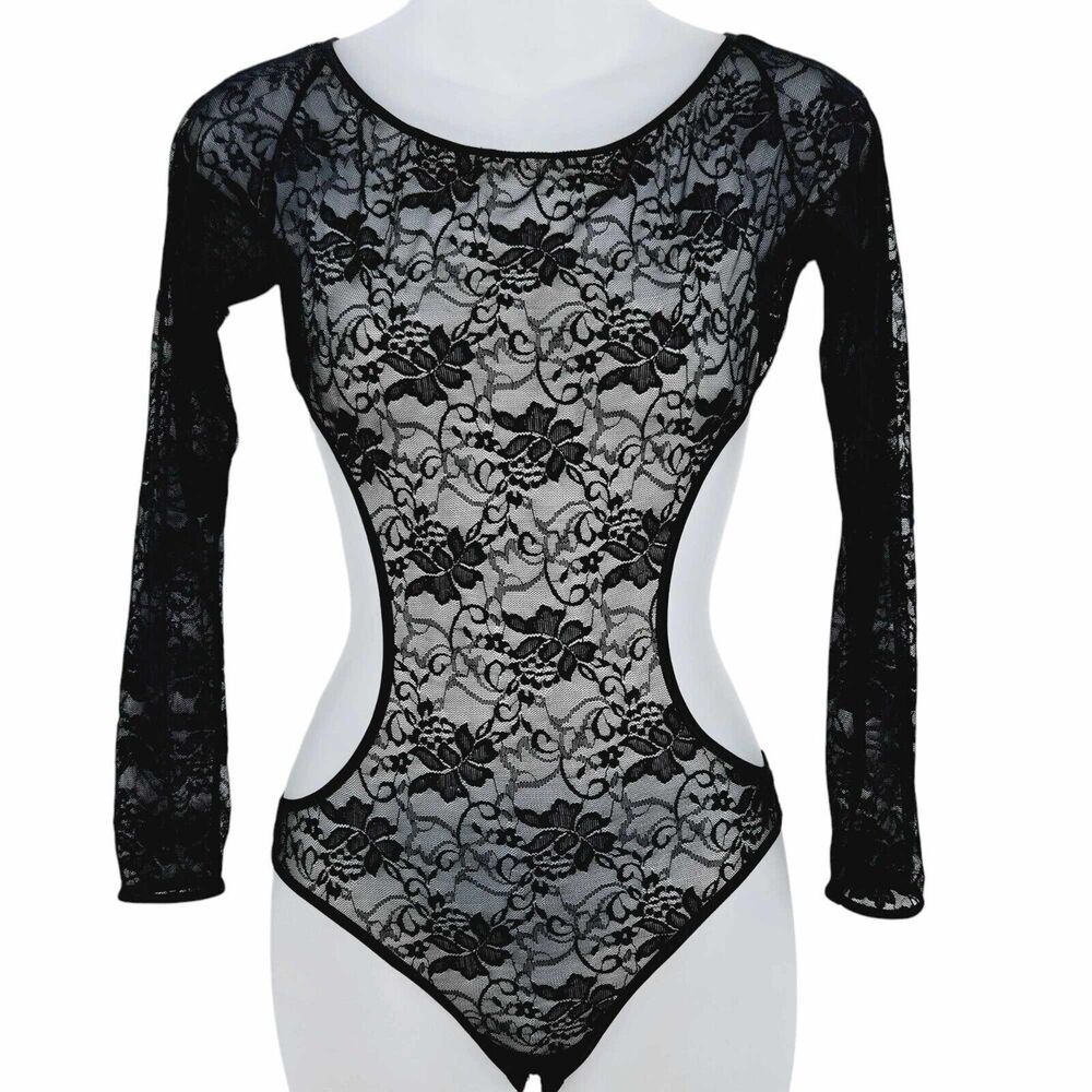 Y2K Frederick's of Hollywood Black Lace Bodysuit Sm Long Sleeve Floral Cut Out